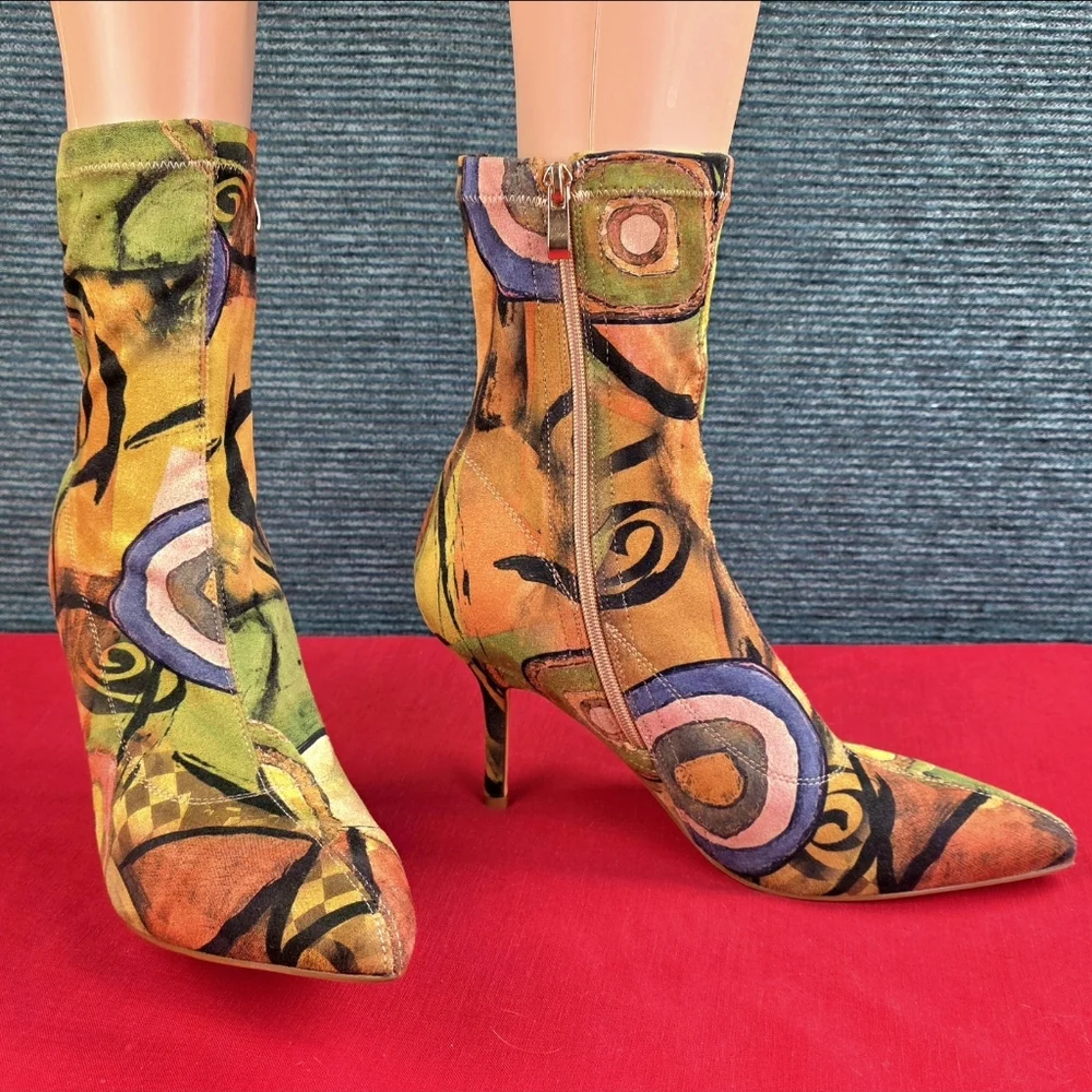 Vivianly Pointy Toe Stiletto Heels Printed Sock Ankle Booties - Picture 5 of 16